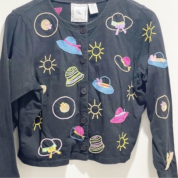 Vintage MICHAEL SIMON LITE Black Novelty Embroidered Cardigan Hats Purses Sun PS - Picture 2 of 5